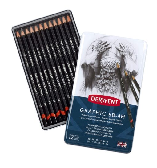 Derwent Graphic Drawing Pencils, Medium, Metal Tin, 12 Count (34214) 12 Count (Pack of 1)