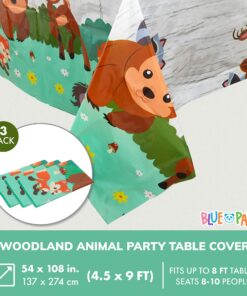 BLUE PANDA Woodland Animals Plastic Tablecloth for Birthday Party (54 x 108 in, 3 Pack) 14 81B0ASRWLvL