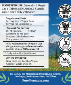 Pure Mountain Botanicals Wild Oregano Oil Capsules - 60 Vegan Caps – Now with 510mg Mediterranean Oil of Oregano 9 81BAhjayOlL