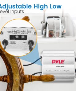 Pyle Hydra Marine Amplifier - Upgraded Elite Series 400 Watt 2 Channel Micro Amplifier - Waterproof, GAIN Level Controls, RCA Stereo Input, 3.5mm Jack & Volume Control (PLMRMP1A) Standard Packaging 17 81BBEjWYmL