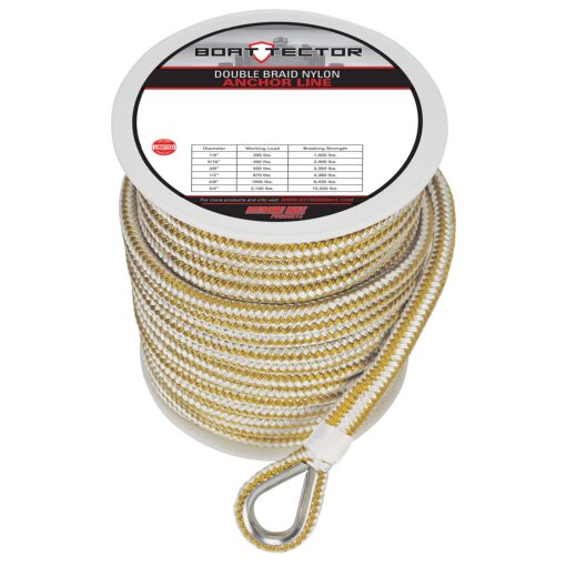 Extreme Max 3006.2258 BoatTector Premium Double Braid Nylon Anchor Line with Thimble - 1/2" x 150', White & Gold 1/2" x 150'