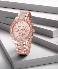 Alternative view of FANMIS Luxury Unisex Pave Floating Crystal Diamonds Calendar Analog Quartz Watch Luminous Pointer with Stainless Steel Link Bracelet A Rose