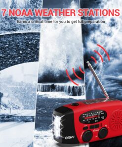Alternative view of Esky Emergency Hand Crank Radio with 3 LED Flashlight, AM/FM/NOAA Portable Weather Radio with 2000mAh Power Bank Phone Charger, Solar Powered USB Charged Radio for Indoor Outdoor Camping, SOS Alarm Red