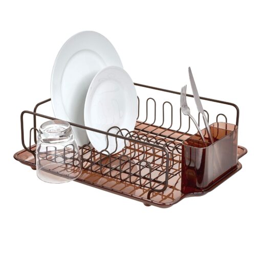 iDesign Forma Lupe Stainless Steel Metal Sink Dish Drainer Plastic Tray Kitchen Drying Rack For Glasses, Silverware, Bowls, Plates, 13.3" x 17.5" x 5.2", Bronze Set of 1