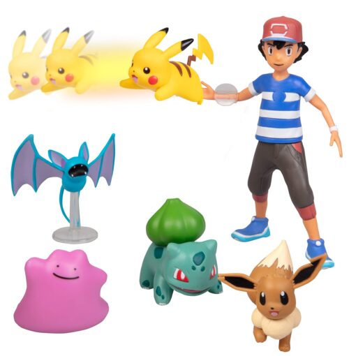 Pokémon Battle Figure Multi Pack Toy Set with Launching Action - Generation 1 - Includes Ash, Pikachu, Eevee, Bulbasaur, Ditto & Zubat - 6 Pieces - Ages 4+