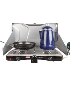 Coleman Triton+ 2-Burner Propane Camping Stove, Push-Button Instant Ignition, Portable Camp Grill, Adjustable Burners, Wind Guards, 22,000 Total BTUs of Power, Beach Cookouts, Backyard BBQ, Tailgating Silver 39 81BdassMlL