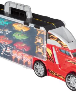 Amazon Basics Toy Car Carrier Truck With Storage For Kids Ages 3 and Up, 6-Pieces Diecast Vehicles & 16 Accessories, Multicolor, Medium 52 81CPsT5AS1L