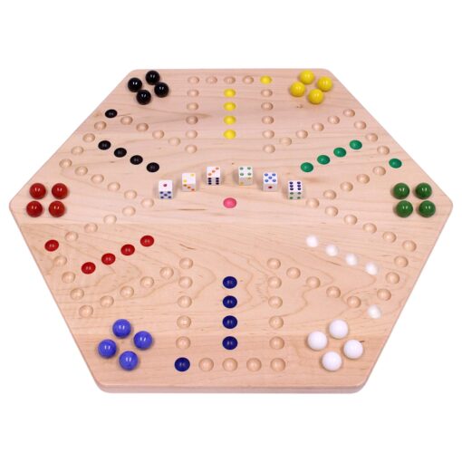 AmishToyBox.com Wahoo Marble Game Board Set - 20" Wide - Solid Maple Wood - Double-Sided - with Large 18mm Marbles and Dice Included