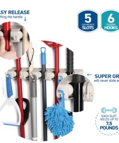 HOME IT Mop And Broom Holder - Garage Storage Systems with 5 Slots, 6 Hooks, 7.5lbs Capacity Per Slot - Garden Tool Organizer For 11 Tools - For Home, Kitchen, Closet, Laundry Room - Off-White 30 81CgMGZTY5L