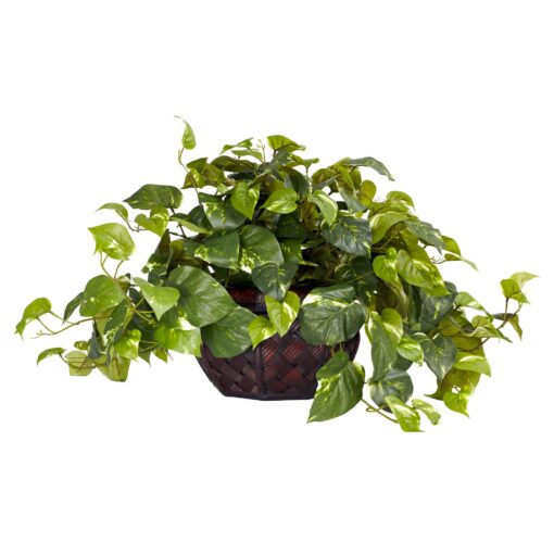 Nearly Natural 6681 15in. Pothos with Decorative Vase Silk Plant,Green,17.5" x 10.125" x 10.125" Green 17.5 in x 10.125 in x 10.125 in