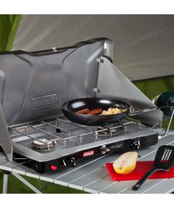 Coleman Triton+ 2-Burner Propane Camping Stove, Push-Button Instant Ignition, Portable Camp Grill, Adjustable Burners, Wind Guards, 22,000 Total BTUs of Power, Beach Cookouts, Backyard BBQ, Tailgating Silver 48 81CnSTiI2wL