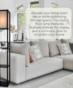 Floor Lamp with Shelves - Room Light by LIGHTACCENTS - Corner Storage Standing Bookshelf Lamp - Bedroom Light with Wooden Storage Shelves and White Cotton Linen Shade (Black) Black 28 81Cu8BEeDLL