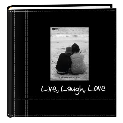 Pioneer Photo Albums Embroidered Live, Laugh, Love Black Sewn Leatherette Frame Cover Album for 4"x6" Prints