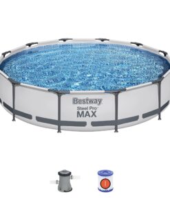 Bestway Steel Pro MAX 12 Foot x 30 Inch Round Metal Frame Above Ground Outdoor Backyard Swimming Pool Set with 330 GPH Filter Pump 12' x 30" 26 81DFWvA r5L