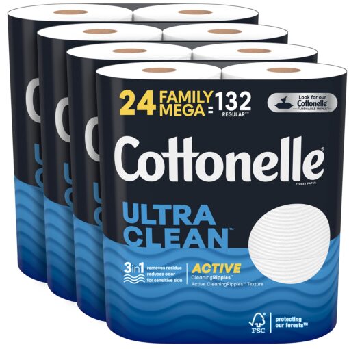 Cottonelle Ultra Clean Toilet Paper with Active CleaningRipples Texture, Strong Bath Tissue, 24 Family Mega Rolls (24 Family Mega Rolls = 132 Regular Rolls) (4 Packs of 6), 388 Sheets per Roll 2328 sheet (Pack of 4)