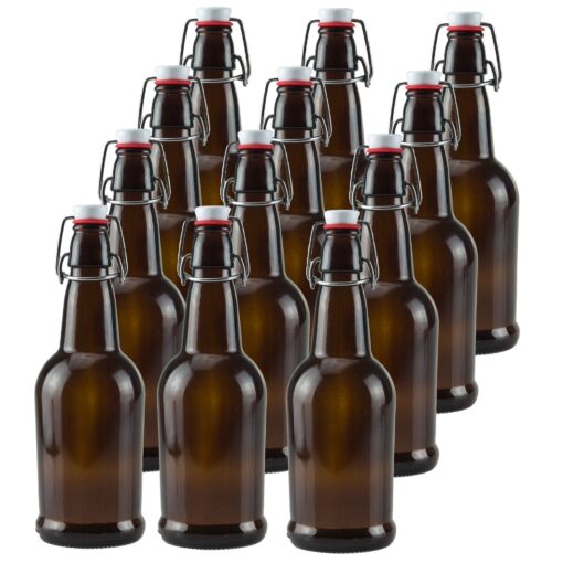 Ilyapa 16 Ounce Amber Swing Top Glass Beer Bottles for Home Brewing - Carbonated Drinks, Kombucha, Kefir, Soda, Juice, Fermentation, 12 Pack Glass Bottle with Airtight Rubber Seal Flip Caps 16oz