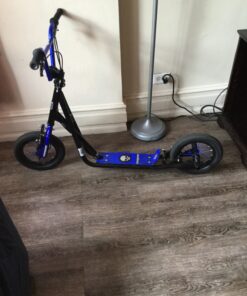 Mongoose Expo Youth Kick Scooter, Suggested for Riders with Ages 6 to 9 Years Old, Max. Weight of 175 lbs., Front and Rear Caliper Brakes, Rear Axle Pegs, 12-Inch Inflatable Wheels Black/Blue 40 81DkgxZByKL