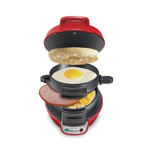 Hamilton Beach Breakfast Sandwich Maker with Egg Cooker Ring, Customize Ingredients, Perfect for English Muffins, Croissants, Mini Waffles, Perfect White Elephant Gifts, Red (25476)