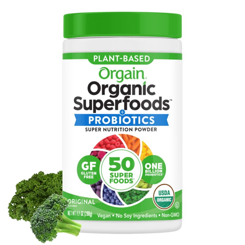Orgain Organic Greens Powder + 50 Superfoods, Original - 1 Billion Probiotics for Gut Health, Antioxidants, Vegan, Plant Based, Gluten Free, Non GMO, Dairy Free Juice & Smoothie Mix - 0.62lb 20 Servings (Pack of 1)