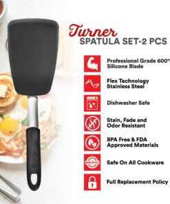 UpGood Silicone Turner Set - 2 Pack of Large and Small Kitchen Spatulas - High Heat Resistant Nonstick Utensils with Tapered Edges - Flexible Stainless Steel, BPA Free Professional Grade Cookware Turner 2 Pack Black 14 81DzJeu1yL
