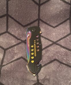 TAC Force Spring Assisted Folding Pocket Knife – Rainbow TiNite Coated Drop Point Blade and Liner, Black Aluminum Handle w/ Rope Cutter, Glass Punch, and Clip, Tactical, EDC, Rescue - TF-509 4.75 inch 34 81E0G2eo34L