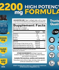 Triple Strength Omega 3 Fish Oil Supplement - 2200mg per Serving, Fatty Acid Supplements with EPA DHA & Omega3 - Re-Esterified Triglyceride for Increased Absorption - 180 Count 180 Count (Pack of 1) 42 81E1Gzj7kXL 1