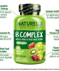 NATURELO Vitamin B Complex with Methyl B12, Methyl Folate, Vitamin B6, Biotin Plus Choline, CoQ10, and Fruit & Vegetable Blend - Supports Energy & Healthy Stress Response - Vegan - 120 Capsules 120 Count (Pack of 1) 21 81E1wW4hmaL