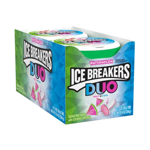 ICE BREAKERS Duo Fruit Plus Cool Watermelon Sugar Free Breath Mints Tins, 1.3 oz (8 Count) 1.3 Ounce (Pack of 8)