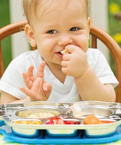 Innobaby Stainless Bus Plate with Airtight Sectional Lid, The Original, Leak-Resistant Divided Platter, Mom Invented Fun Shape Plate Din Din Smart for Babies, Toddlers and Kids, BPA Free Plate, Blue 26 81E5aNmbKGL