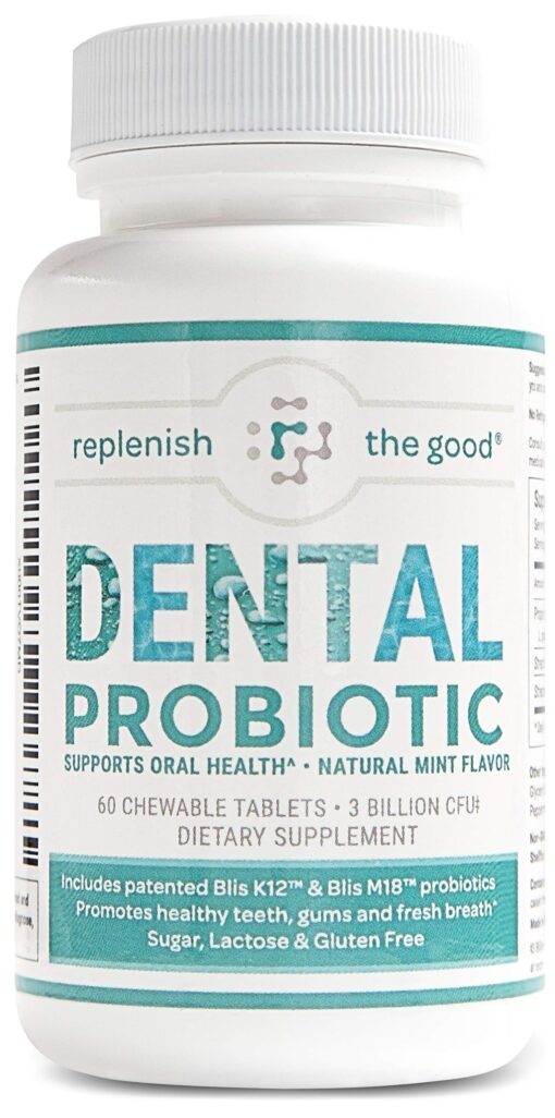 Replenish the Good Dental Probiotic | Vegan Supplements w/BLIS K12 & M18 | Boosts Oral Health | Fights Bad Breath (Halitosis), Tooth Decay, Strep Throat | 60 Sugar-Free Chewable Tablets (Mint Flavor) 60 Count (Pack of 1)