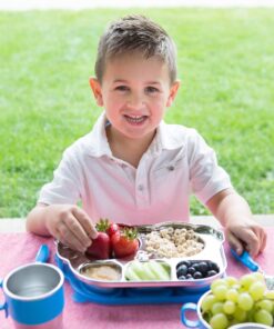 Innobaby Stainless Bus Plate with Airtight Sectional Lid, The Original, Leak-Resistant Divided Platter, Mom Invented Fun Shape Plate Din Din Smart for Babies, Toddlers and Kids, BPA Free Plate, Blue 24 81EOe8BZLuL