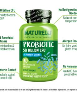NATURELO Probiotic Supplement - 50 Billion CFU - 11 Strains - One Daily - Helps Support Digestive & Immune Health - Delayed Release - No Refrigeration Needed - 30 Vegan Capsules Probiotic Support 30 Count (Pack of 1) 13 81EWu7SvooL