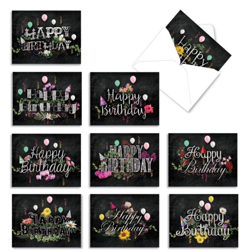 The Best Card Company - 10 Happy Birthday Note Cards Blank - Assorted Bulk Birthday Notecards, Cute Boxed Set (4 x 5.12 Inch) - Chalk and Roses Birthday M6479BDB