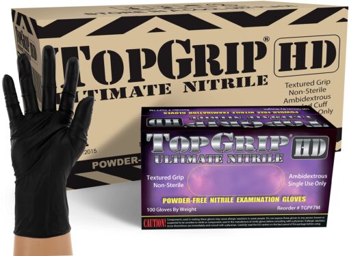 TopGrip HD 7 Mil Heavy-Duty Black Nitrile Exam Gloves, Disposable, Case/1000, Medium 1000