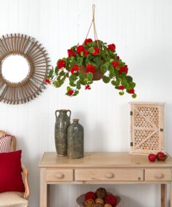 Nearly Natural 6609-RD 24in. Geranium Hanging Basket Silk Plant,Red,10.25" x 10.25" x 17.5" Red 21 81EsXRSs3SL