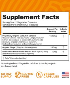 Turmeric Curcumin with BioPerine Black Pepper and Ginger - Made in USA - 120 Vegetarian Capsules for Advanced Absorption, Joints Support 120 Count (Pack of 1) 16 81F60pyHqQL