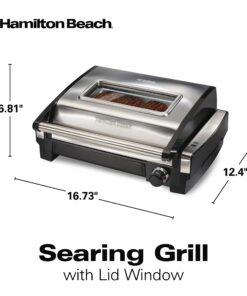 Hamilton Beach Electric Indoor Searing Grill with Viewing Window & Adjustable Temperature Control to 450F, 118 sq. in. Surface Serves 6, Removable Nonstick Grate, Stainless Steel Searing Grill with Window 59 81FEzgf9X9L 1