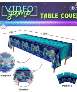 Blue Orchards Video Game Table Cover (Neon Blue) - Pack of 3-54"x108" XL - Gamer Party Supplies, Gamer Themed Decorations, Party Decorations for Boys, Retro Gamer Party Video Game (Neon Blue) 5 81FWCkFJquL