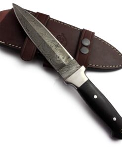 Wolfklinge Damascus Steel Bowie Knife for Outdoor Enthusiasts - Full Tang Micarta Handle, Flat Edge Blade, Leather Sheath DCX17-57 34 81FaySO02FL