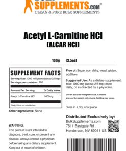BulkSupplements.com Acetyl L-Carnitine Powder - ALCAR HCl, Carnitine Supplement, Acetyl L-Carnitine 1000mg - ALCAR Powder, Unflavored & Gluten Free, 1000mg per Serving, 100g (3.5 oz) 167 Servings (Pack of 1) 15 81Fs7jWMDaL