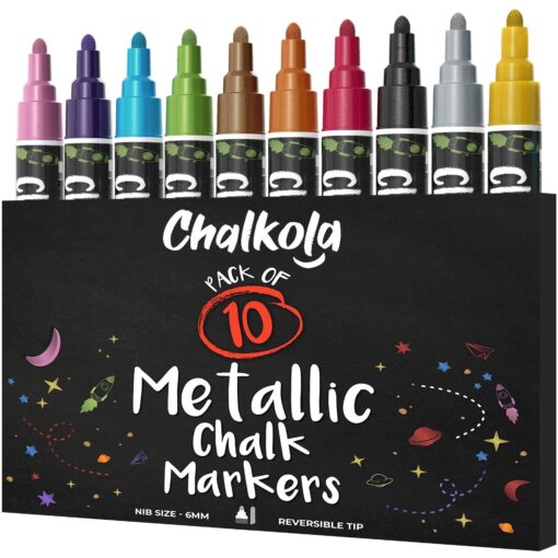 Metallic Chalk Markers (10 Pack) Liquid Chalk Pens - For Blackboards, Chalkboard, Bistro Menu, Window - Wet Wipe Erasable - 6mm Reversible Bullet & Chisel Tip Bold Tip - 6mm