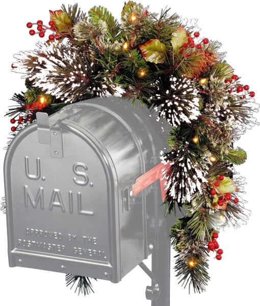 National Tree Wintery Pine Collection Mailbox Swag, 3 ft White Lights