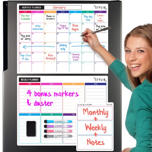 STYLIO Dry Erase Calendar Whiteboard. Set of 3 Magnetic Calendars for Fridge: Monthly, Weekly Organizer & Daily Notepad. Refrigerator & Wall Family Calendar. 4 Fine Point Markers & Eraser Included White