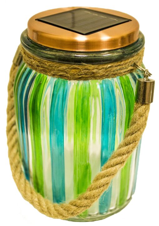 Sogrand Green Stripe Copper Cap Glass Jar, Solar Lights Outdoor, Thick Hanger