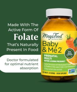 MegaFood Baby & Me 2 Prenatal Vitamin and Minerals - Vitamins for Women - with Folate (Folic Acid Natural Form), Choline, Iron, Iodine, and Vitamin C, Vitamin D and more - 60 Tabs (30 Servings) 60 Count (Pack of 1) 22 81GgRAEoToL 4