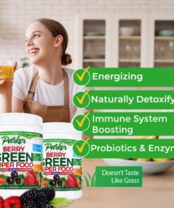 Berry Green Superfood Powder Smoothie Mix with Organic Greens & Organic Fruits, Enzymes, Probiotics, Antioxidants, Vitamins, Minerals - Alkalize & Detox - Non GMO, Vegan & Gluten Free - 240 Grams 12 81H9WwhmBeL
