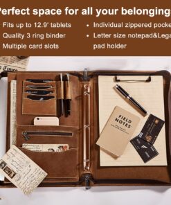 AZXCG Leather Portfolio Binder,3 Ring Binder Padfolio with Zipper fits up to 13.3" Laptop, Professional Organizer, Business Folder with Clipboard, Leather Notepad Holder Brown Graduation Gift Standard 34 81HBPzNfNuL