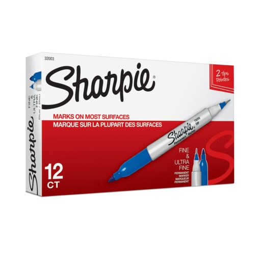 SHARPIE Twin Tip Permanent Markers, Fine and Ultra Fine, Blue, 12 Count