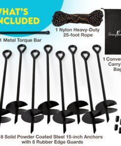 15" Ground Anchors - Trampoline Anchors High Wind Heavy Duty 3" Wide Helix Mobile Home Anchors - Includes Metal Torque Bar, 25 Feet Long Rope and Carrying Sack - 8 Pack 8 Pack w/ Bar & Rope 16 81HimJcO uL