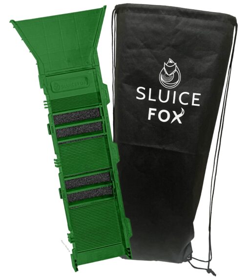 Portable Sluice Box for Gold Mining and Prospecting; Includes Miner's Moss, Hungarian Style riffles, and deep V riffles. Essential Tool for Gold panning Kits Sluice Box and Flare (Green)